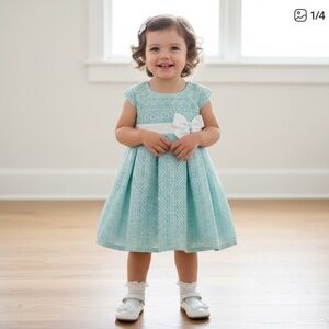🍭Jona Michelle Aqua Lace Dress with White Bow 2Y